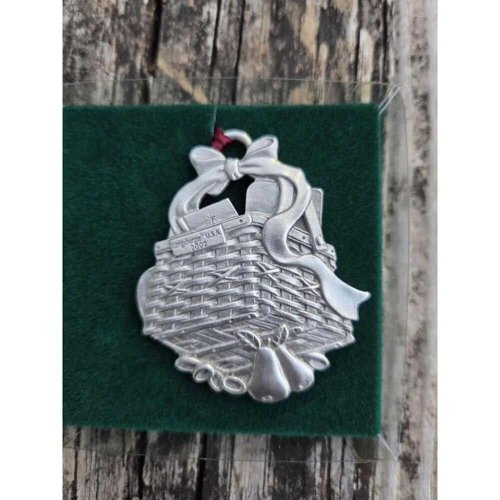 4 Longaberger Pewter Baskets 1998, 1999, 2000, 2002 Christmas Ornaments 77455‎